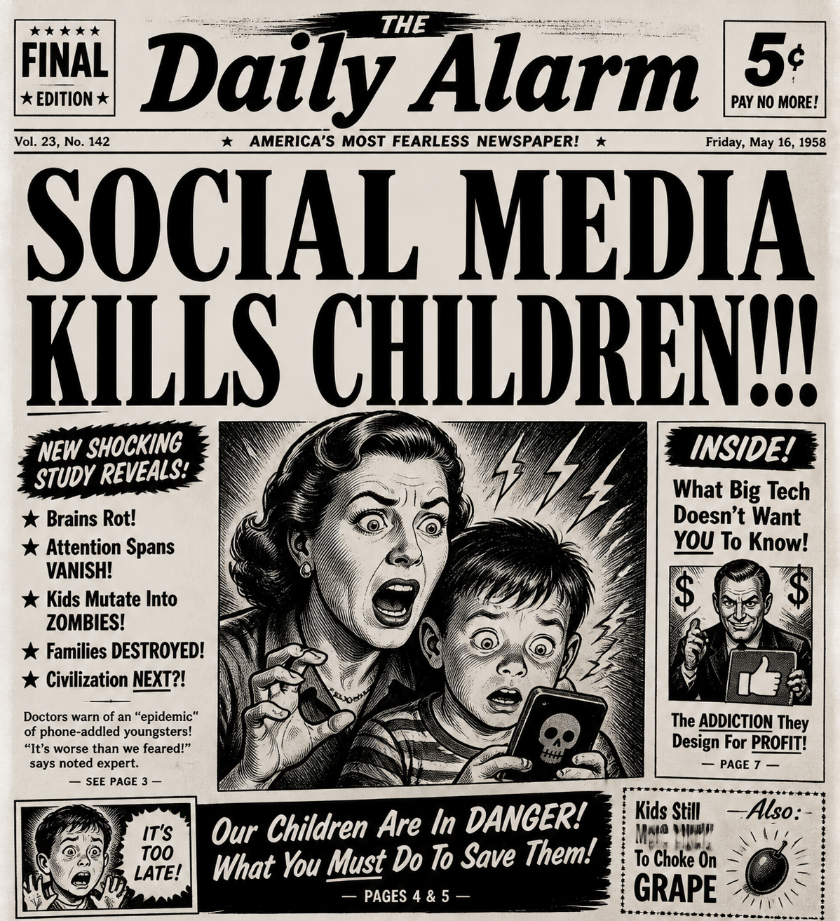 Satirical tabloid front page with melodramatic headline about social media and children