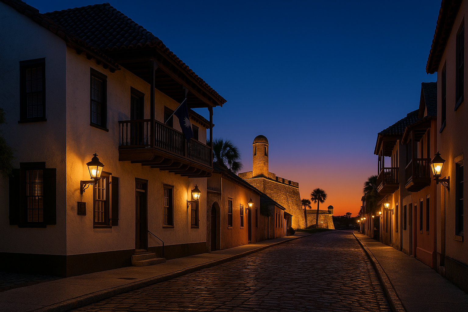 Twilight glow on St. Augustine’s Spanish Colonial street with Castillo de San Marcos