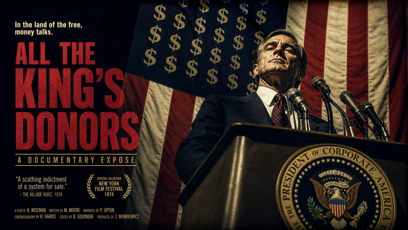 Satirical documentary still: suited elite figure at podium with dollar-sign flag