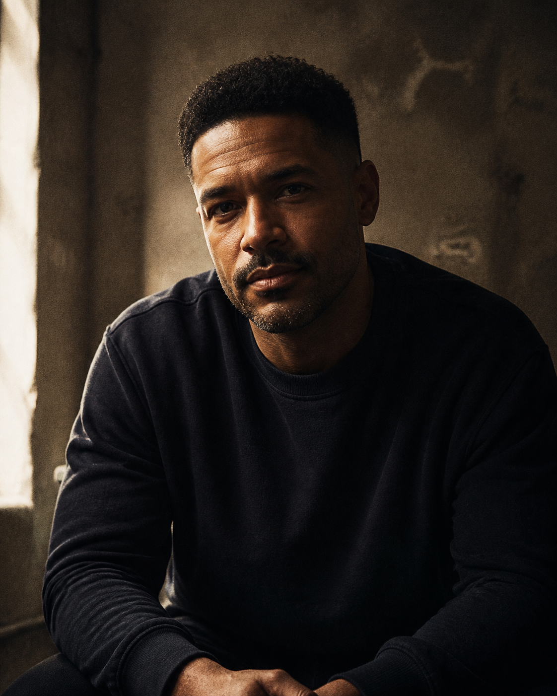 A man with a calm, self-possessed expression in close editorial portrait