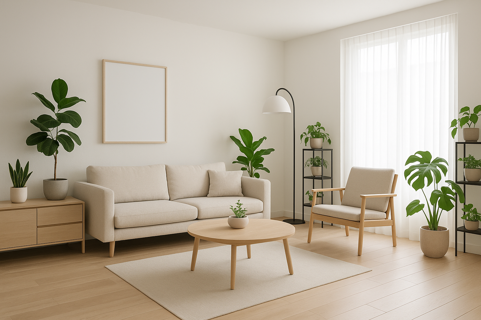 Sala de estar moderna con plantas organizadas y diseño minimalista