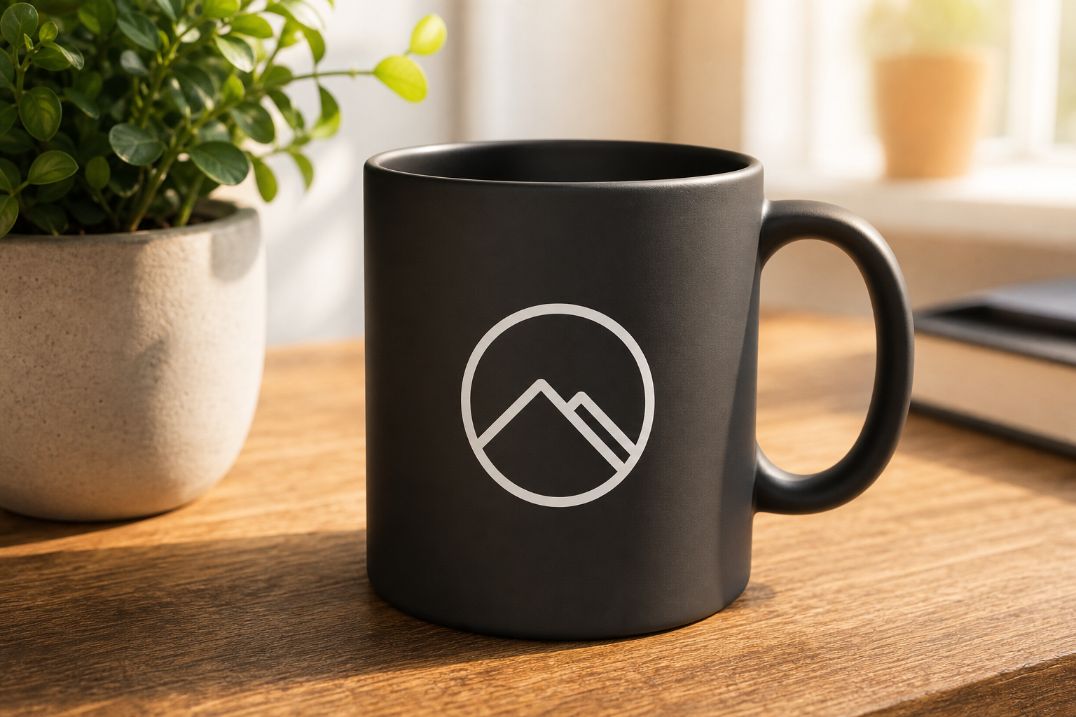 Matte black ceramic mug with white logo on wooden desk