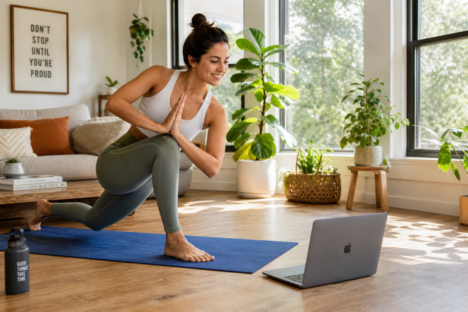 Person following an online fitness class at home on a yoga mat