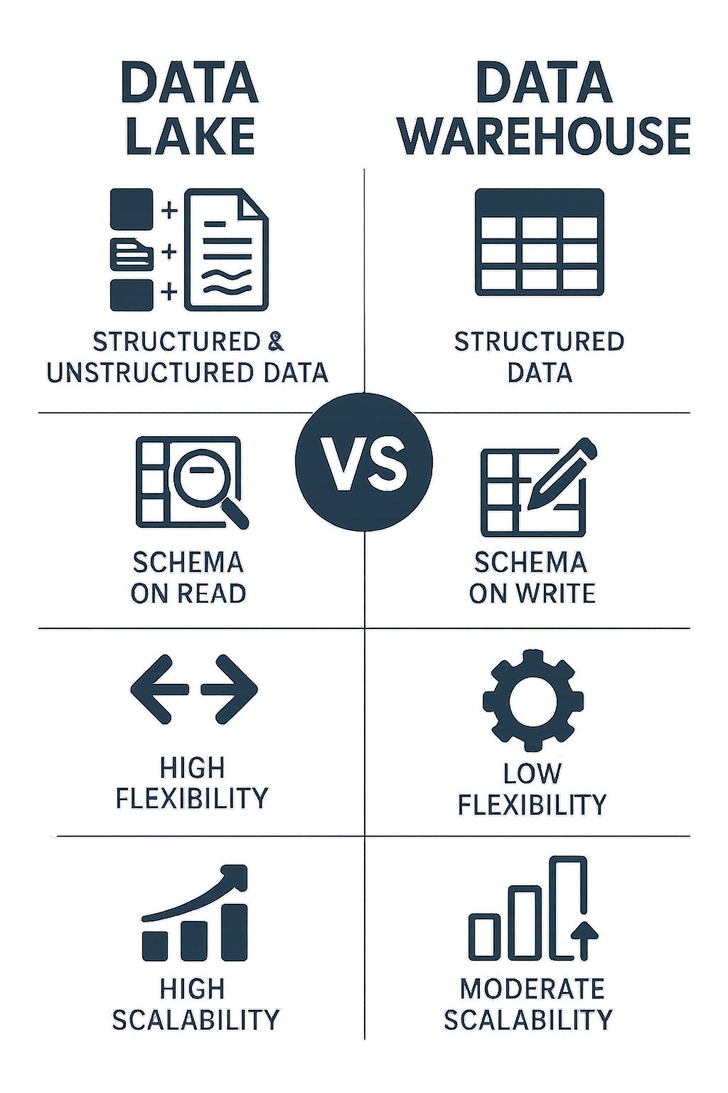Comparação visual entre Data Lake e Data Warehouse