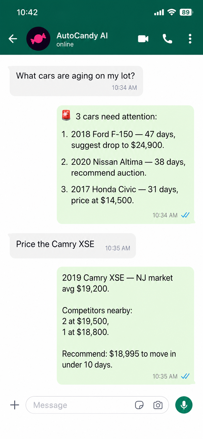 AutoCandy WhatsApp chat showing dealer asking about aging inventory and getting AI-powered recommendations