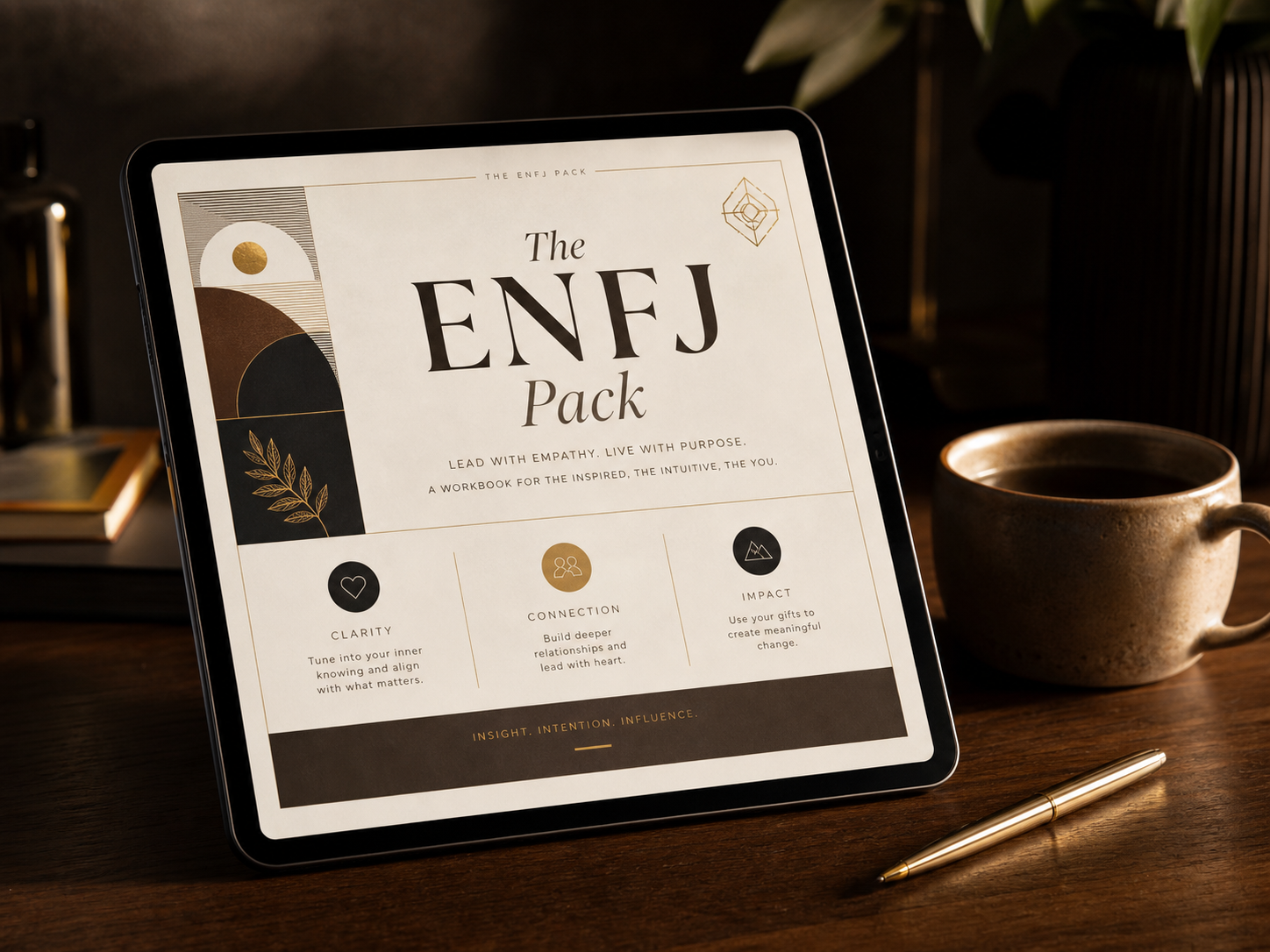 Premium digital workbook displayed on a tablet, resting on a walnut desk with warm ambient light — representing The ENFJ Pack