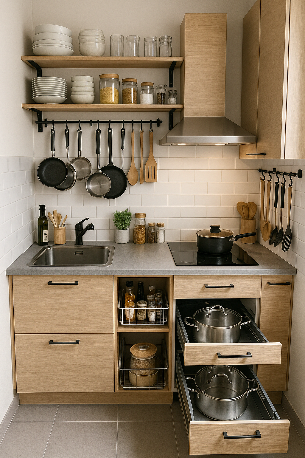 Cocina pequeña con soluciones inteligentes de almacenamiento y organización compacta