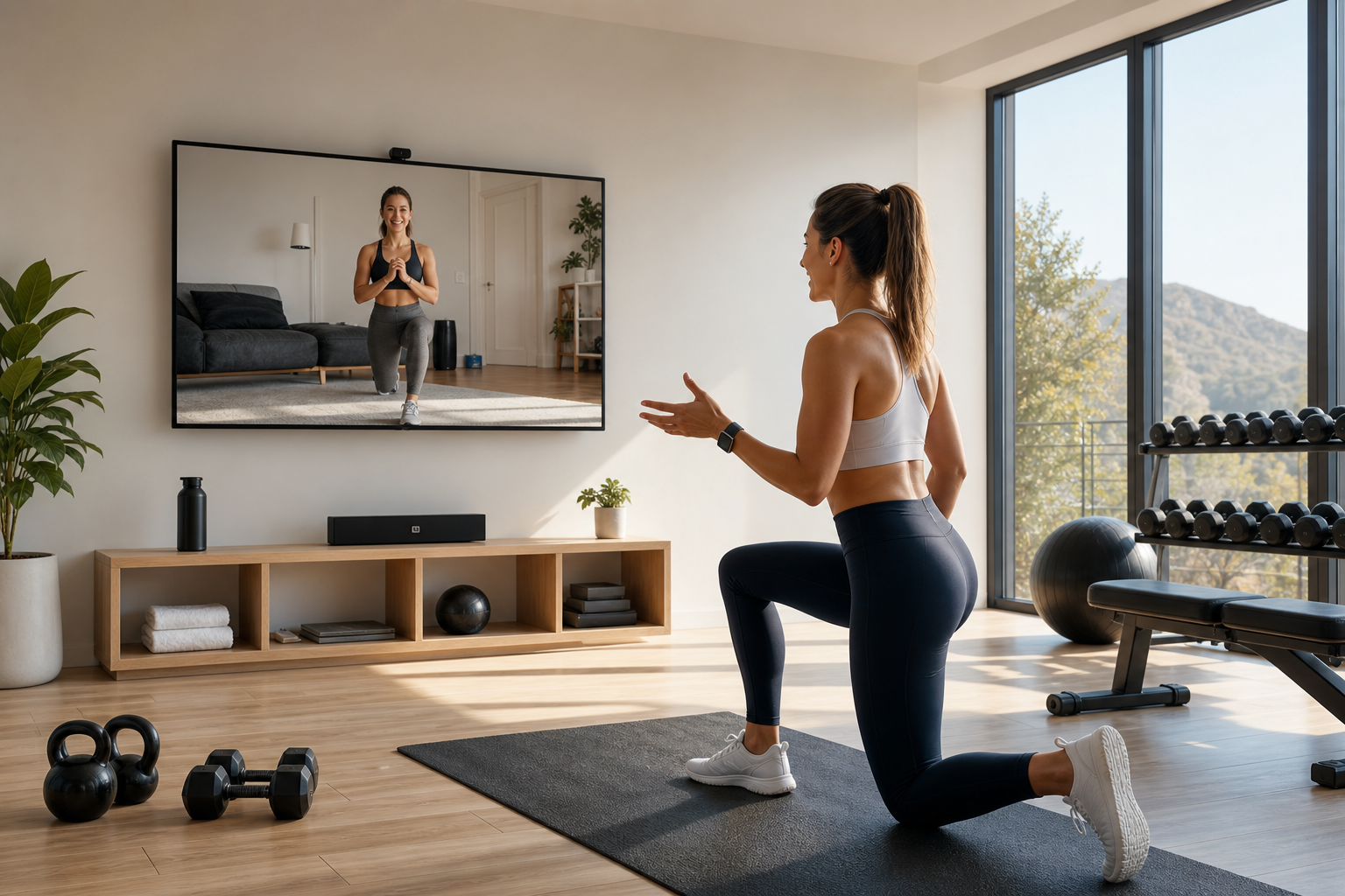 Personal trainer coaching a client online via video call in a bright studio