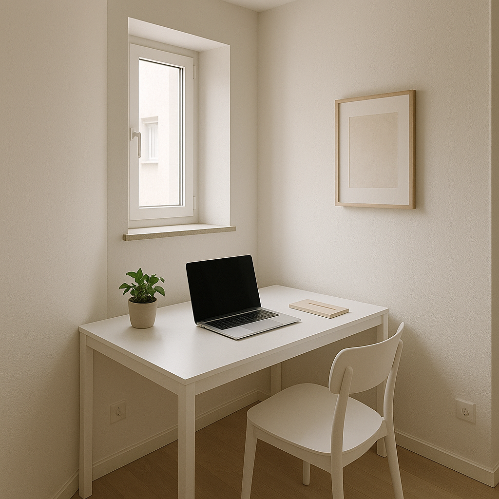 Espacio de trabajo minimalista con colores neutros en departamento pequeño