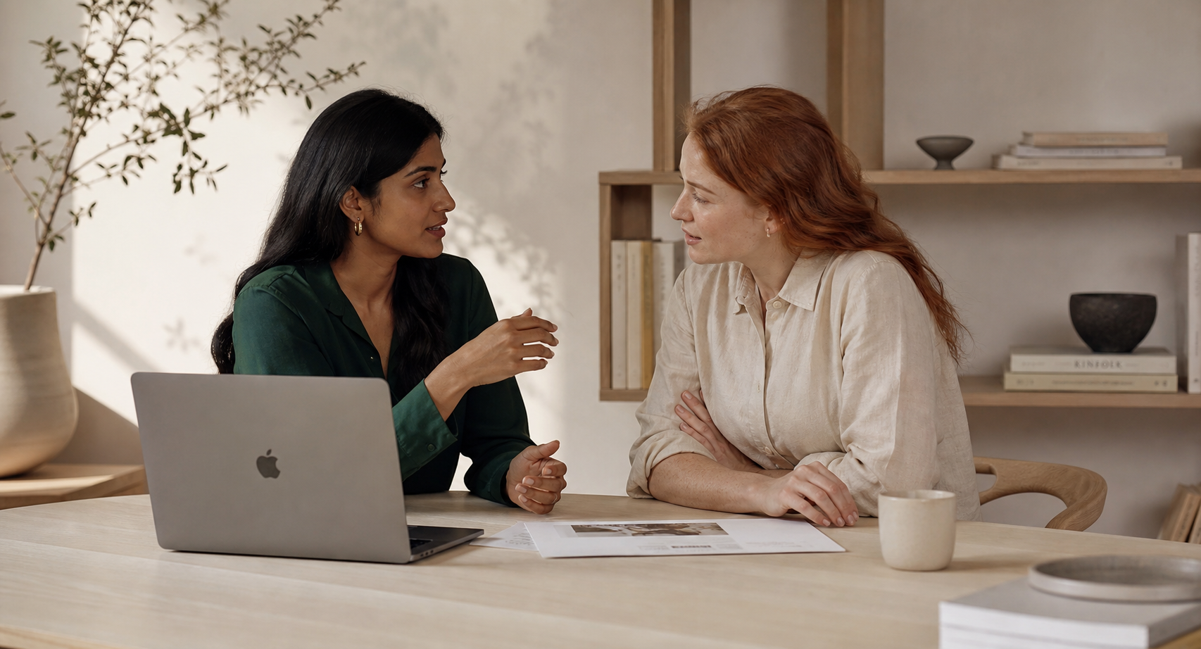 Two female founders in a modern workspace, mid-conversation