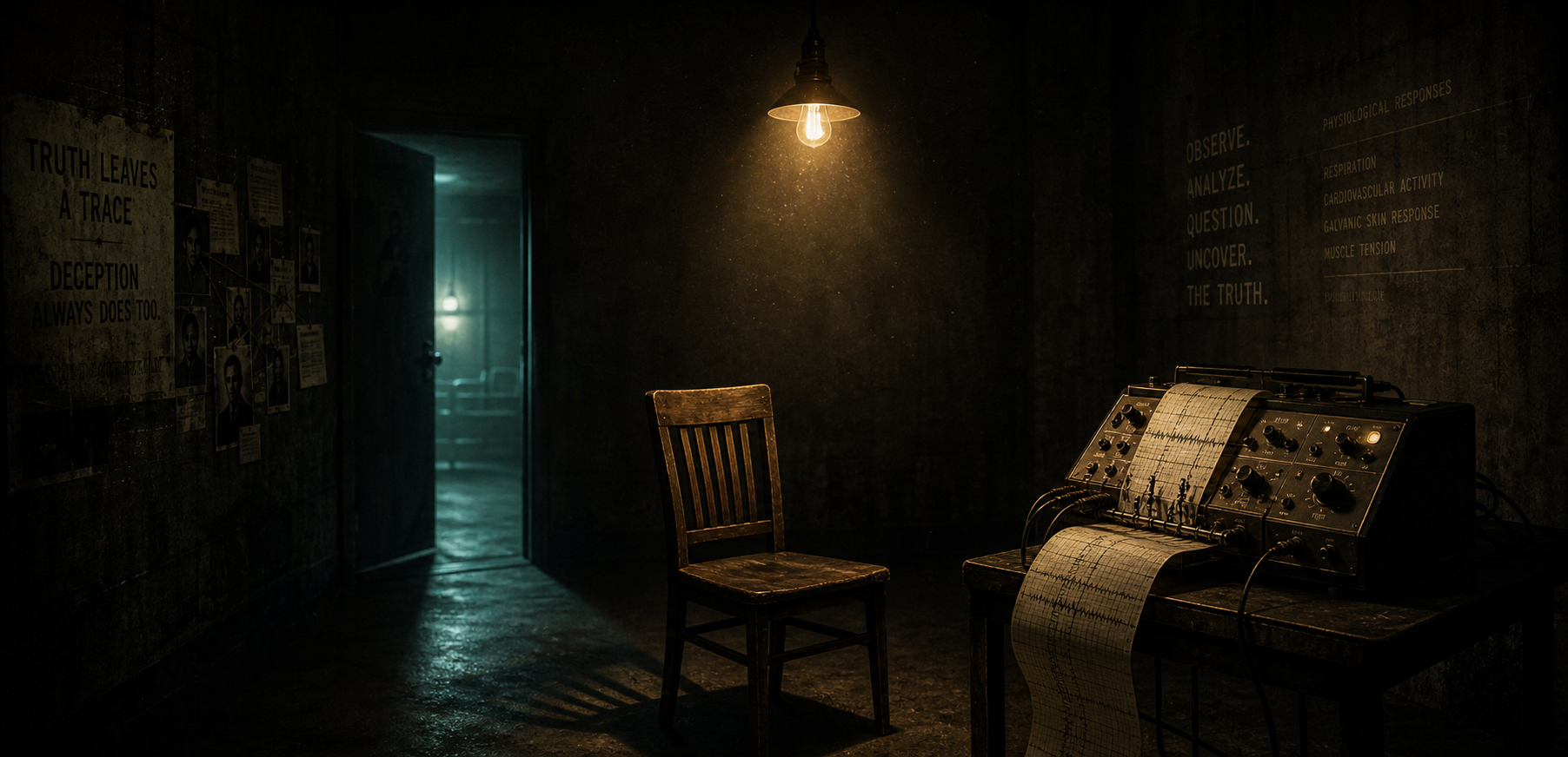 A dim, noir-style interrogation room with a single hanging light over an empty chair and a vintage polygraph machine
