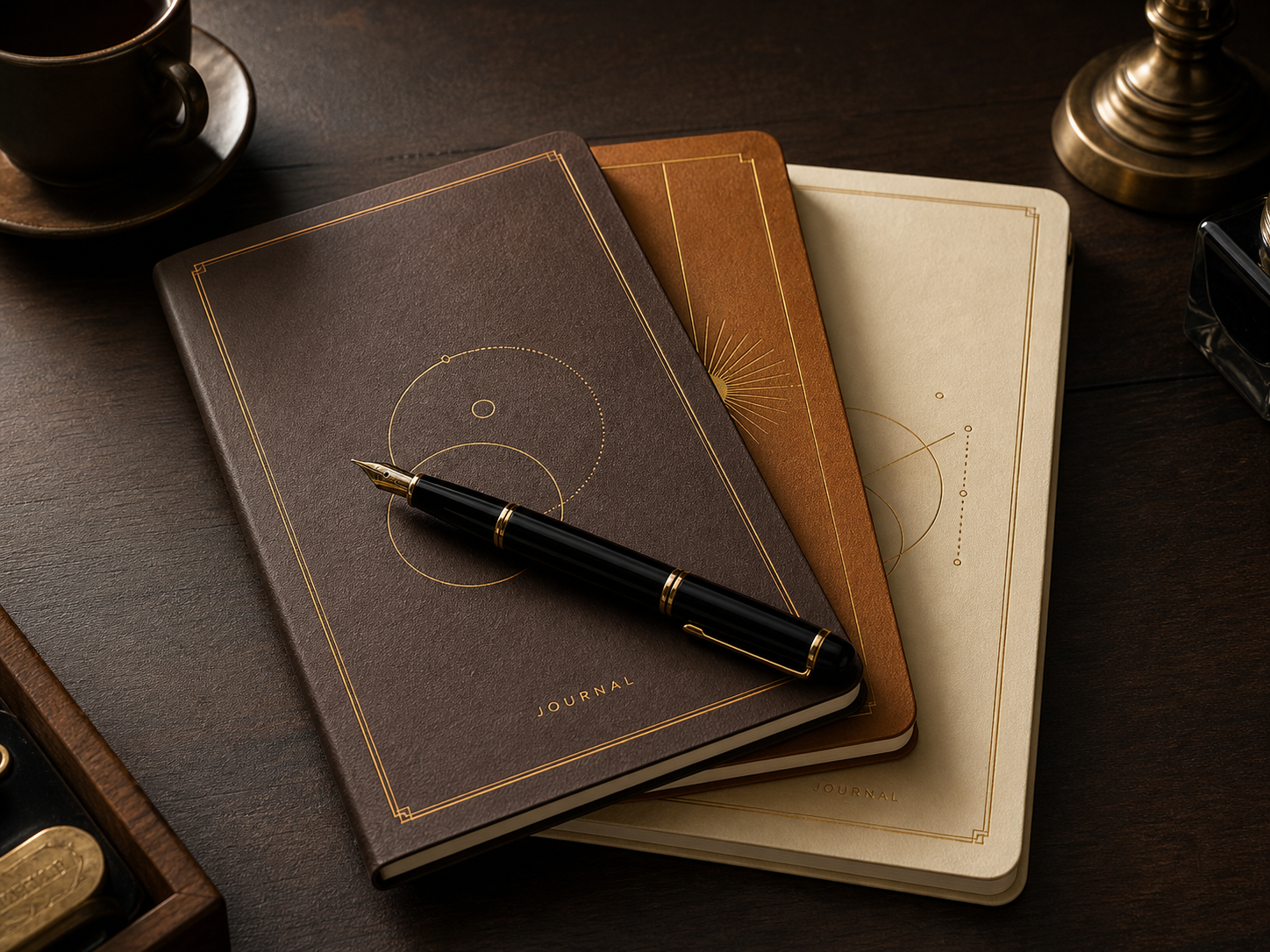 Three elegantly stacked gold-embossed journals on a walnut surface representing the Reflective Learning Guides