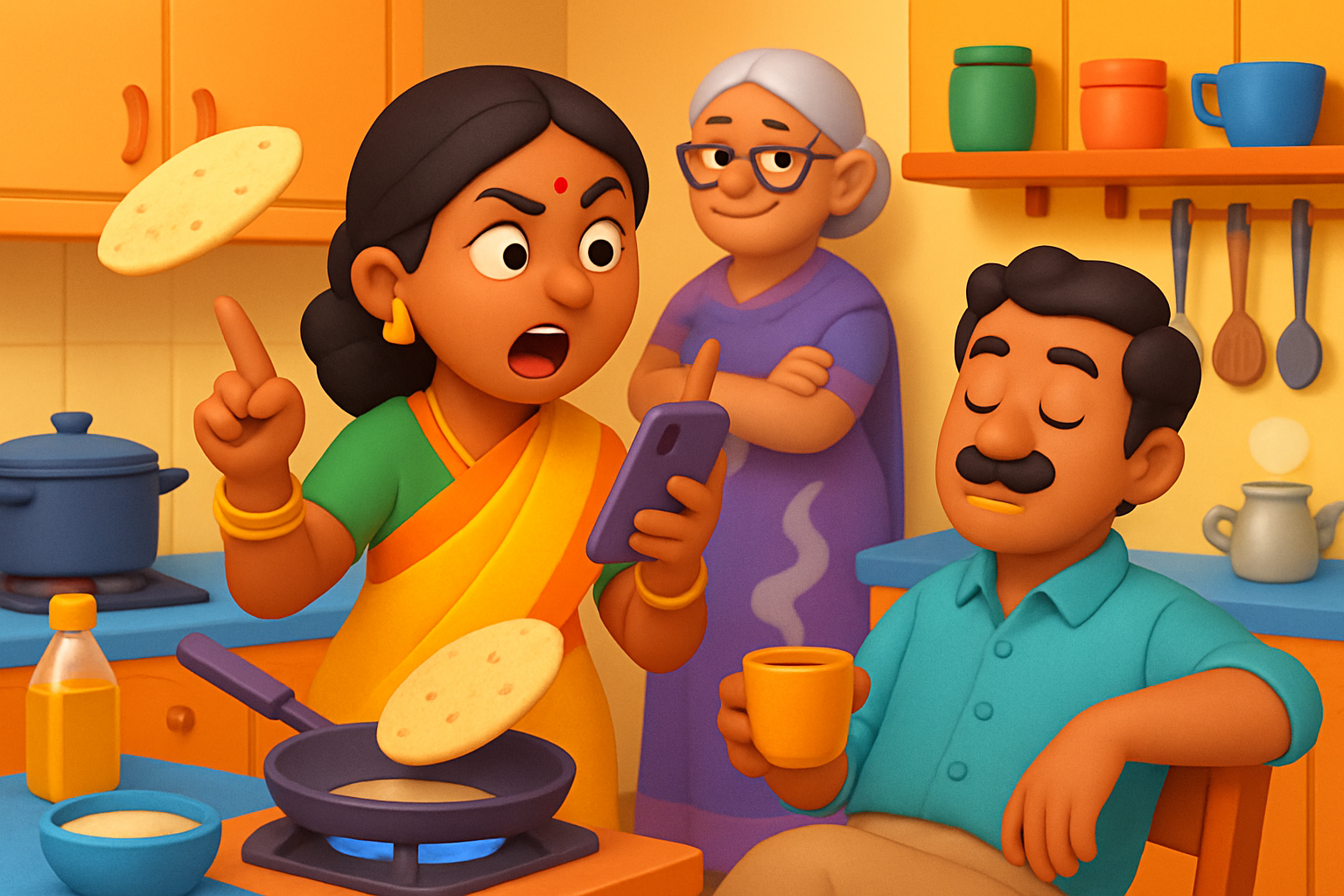 Multitasking heroine in an Indian kitchen with family around