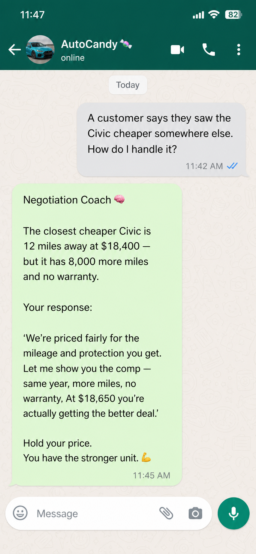 WhatsApp conversation showing AutoCandy coaching a salesperson on how to respond to a buyer price objection