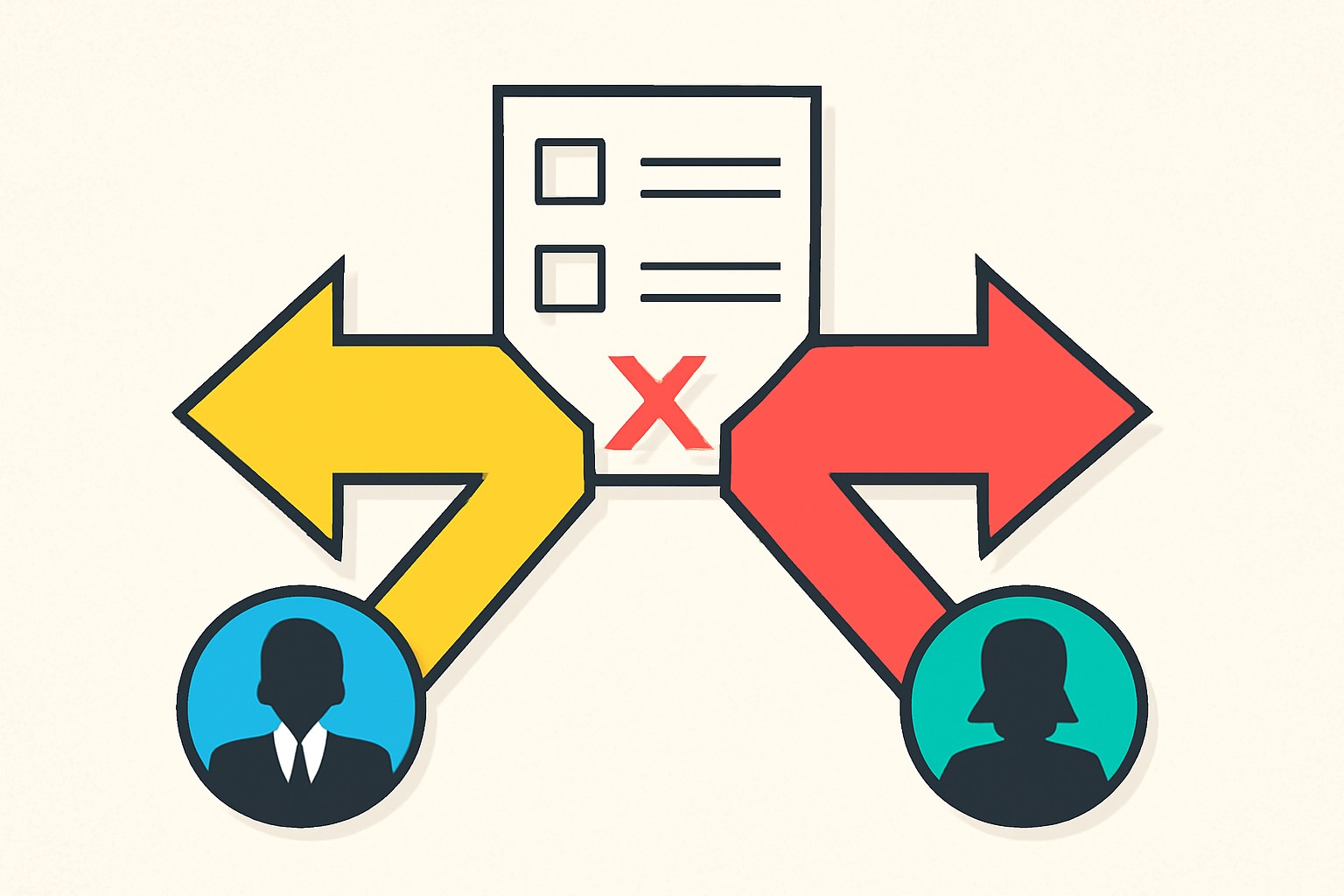 Symbolic cross-voting graphic with ballot splitting toward opposing candidates.
