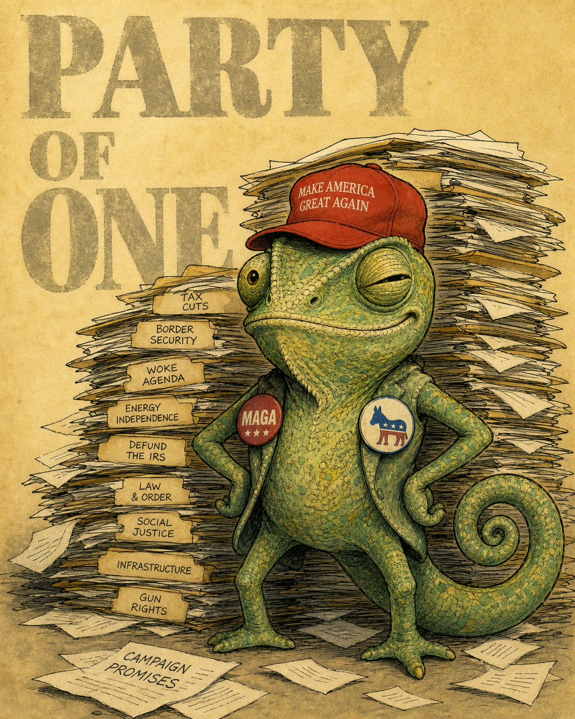 Editorial cartoon of a chameleon wearing a MAGA hat and donkey pin, surrounded by overflowing Epstein file folders