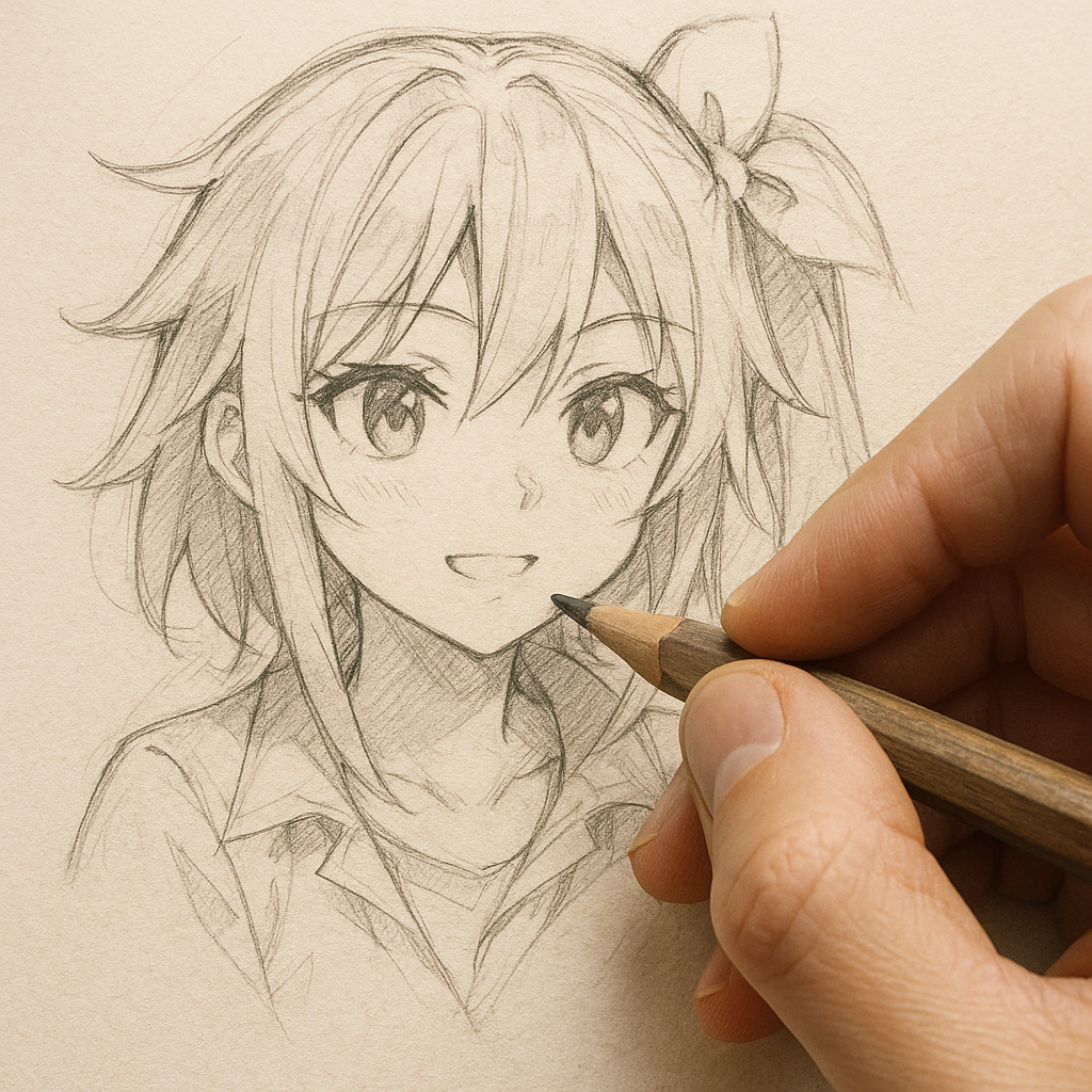 Artist's hand sketching an anime character with pencil on paper, showing traditional drawing technique
