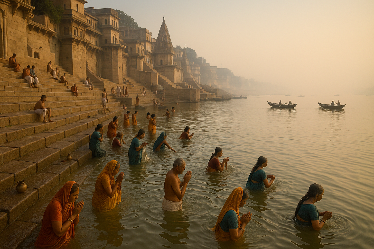Morning scene at Varanasi ghats with pilgrims and boats