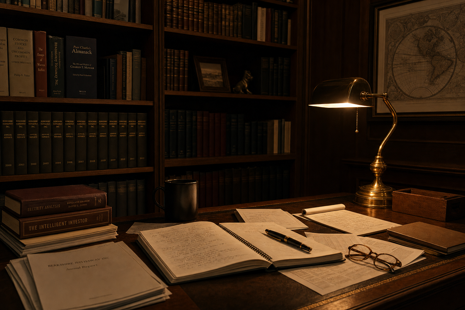 Private library and research desk — the quiet work of deep analysis