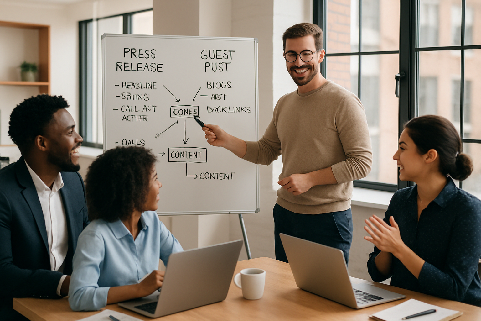 Business team planning content strategy for press release and guest posts