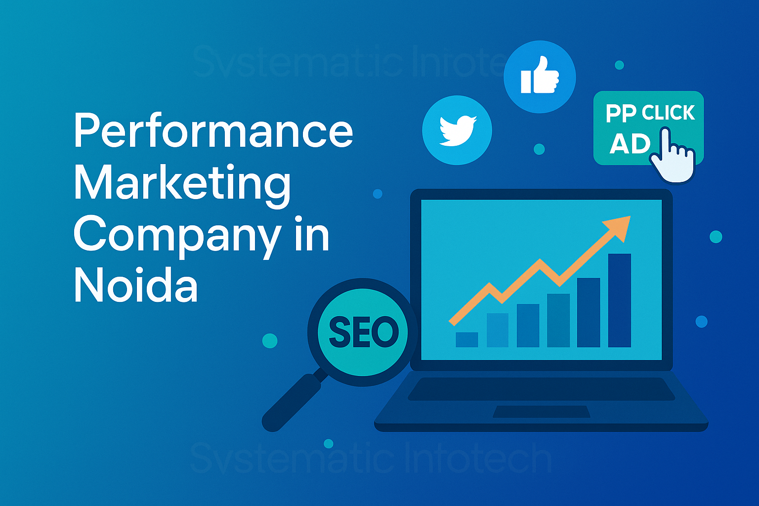 Digital marketing image featuring growth icons, SEO elements, social media, PPC, with a watermark 'Systematic Infotech' and main keyword 'Performance Marketing Company in Noida'.