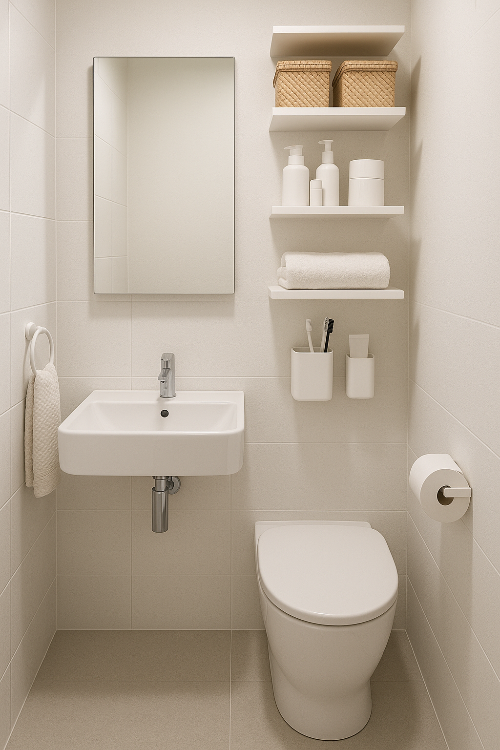 Almacenamiento vertical en baño pequeño