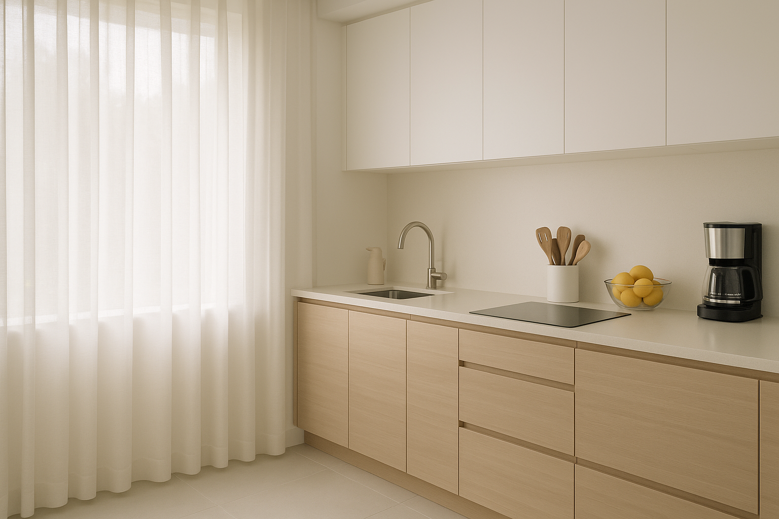 Cocina con cortinas prácticas y textiles de fácil mantenimiento