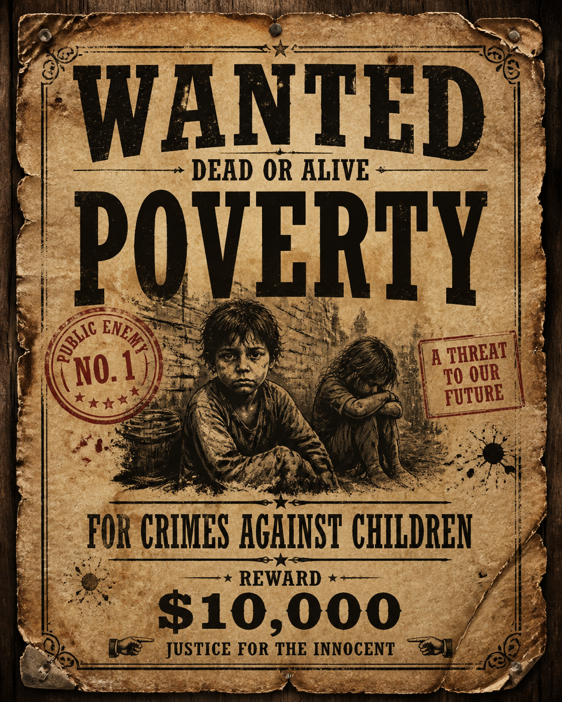 WANTED poster parody featuring Poverty as the criminal wanted for crimes against children