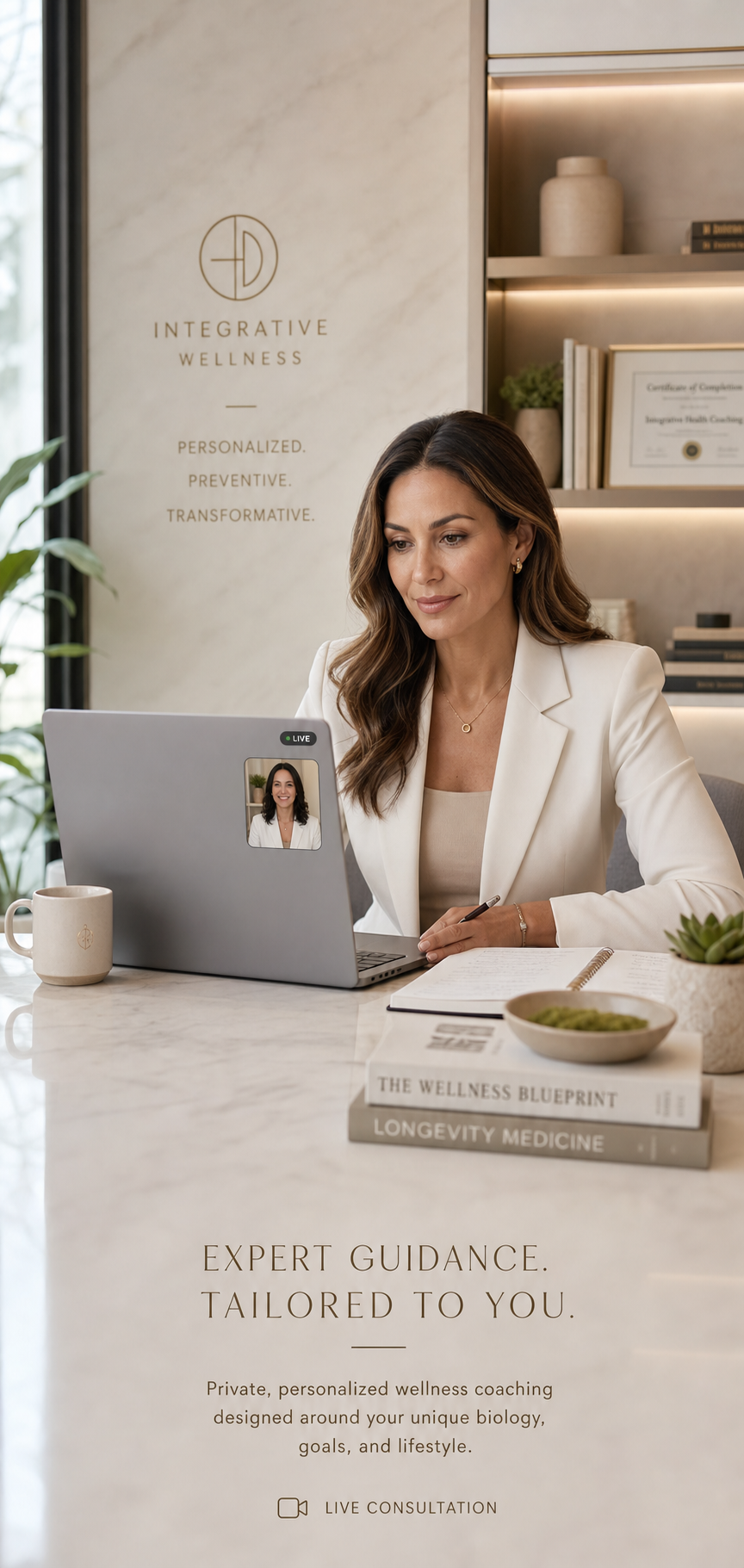 Professional wellness coach consulting through a laptop in a premium clinical setting