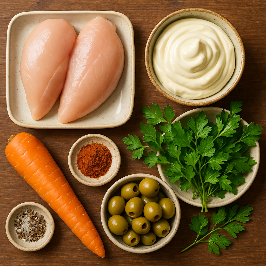 Ingredientes frescos organizados para preparo de pat\u00ea de frango
