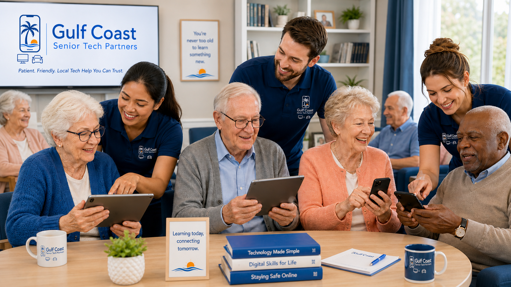 Friendly team leading a tech training session in a senior living community