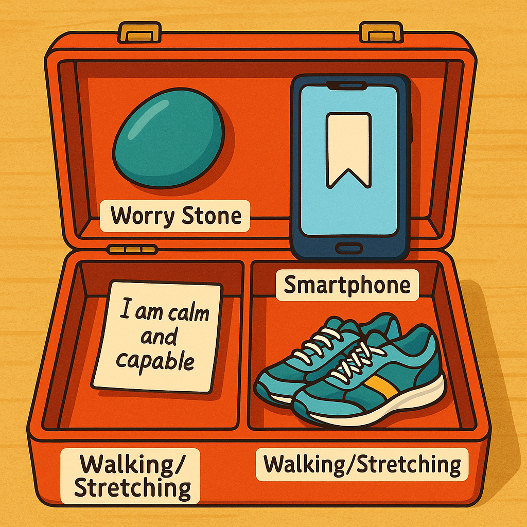 Emotional toolbox illustration with labeled items - emotional self-regulation for adults