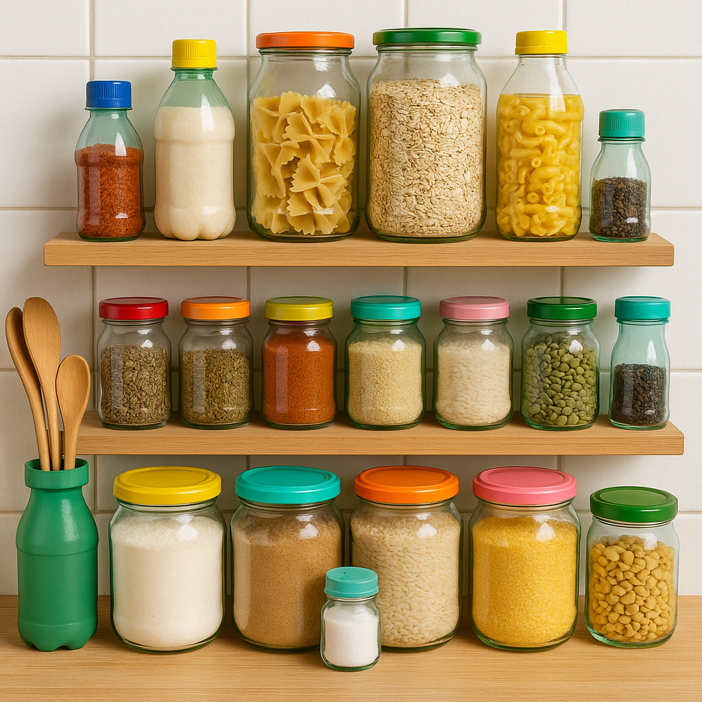 Cocina organizada con contenedores de materiales reciclados