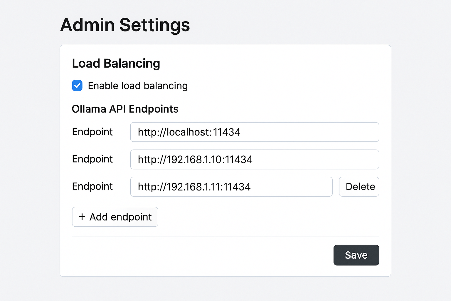 OpenWebUI admin interface for configuring multiple Ollama servers