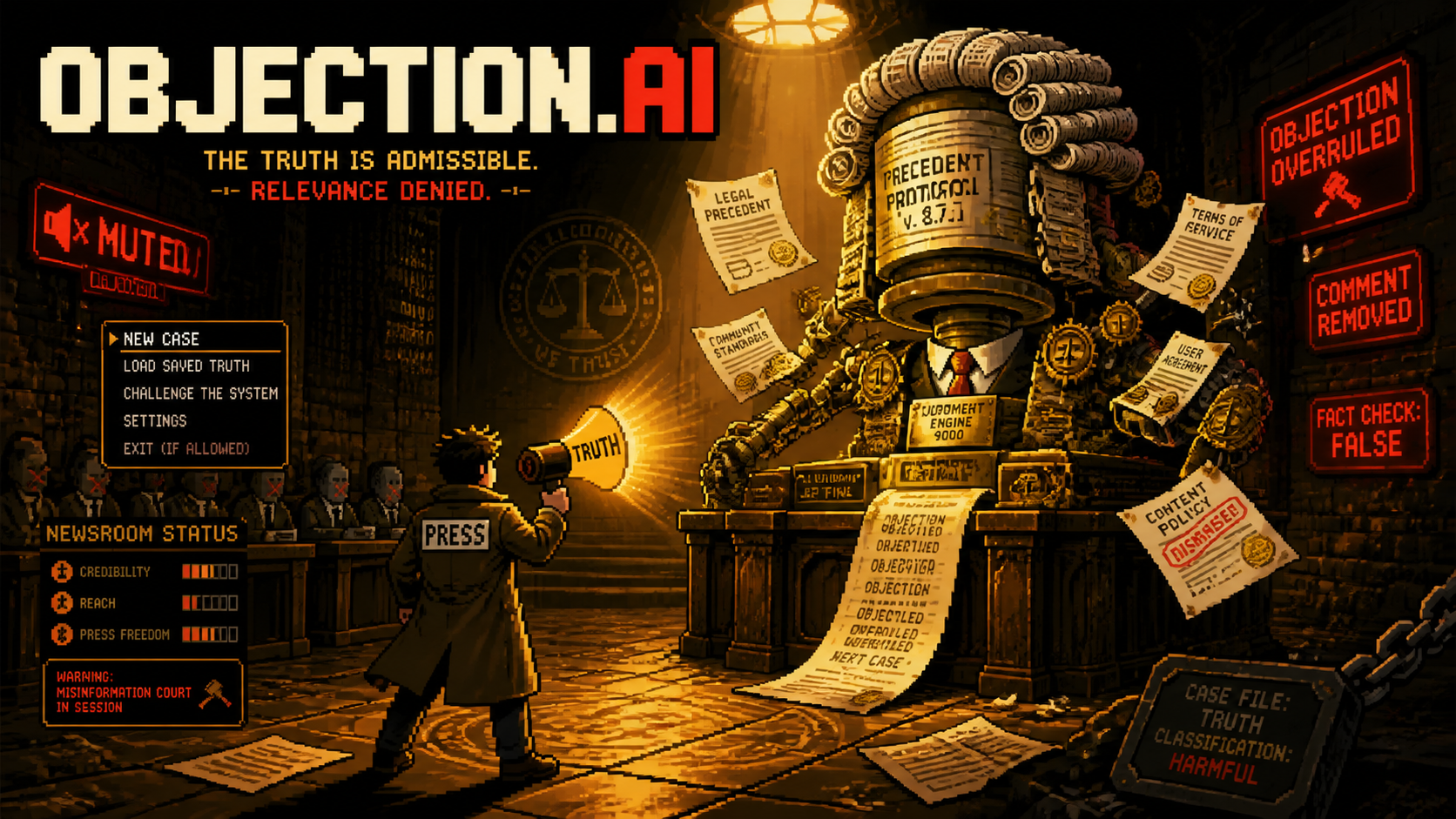 OBJECTION.ai splash — journalist faces the tribunal gavel boss