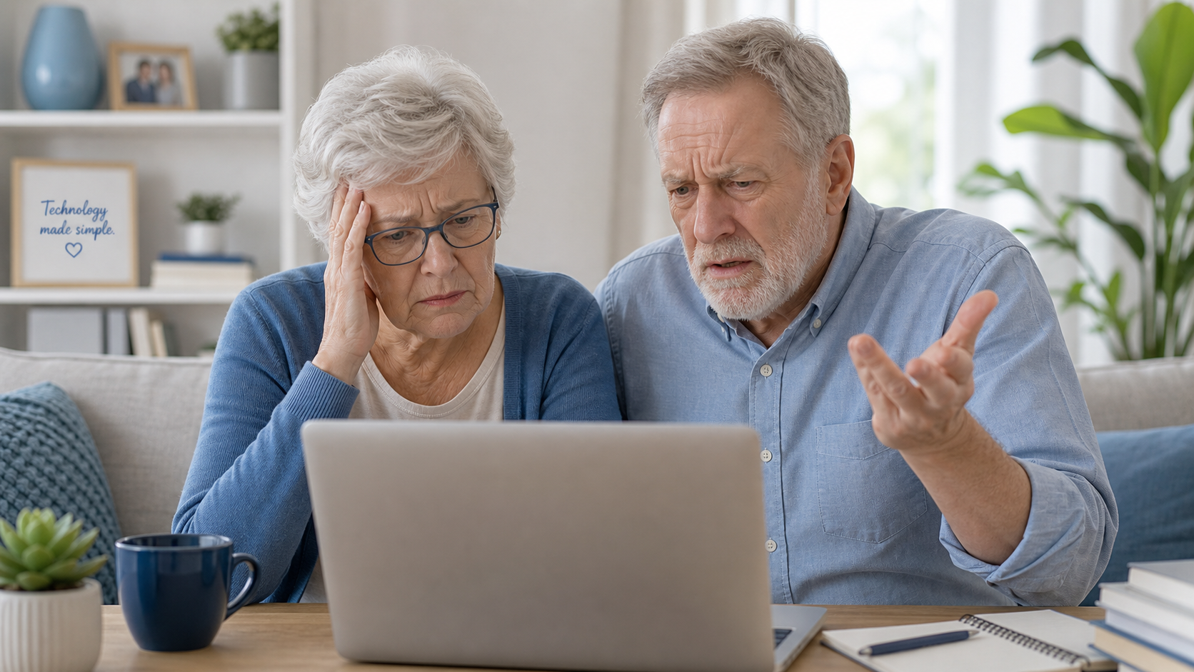 Older couple looking frustrated while trying to use a computer at home