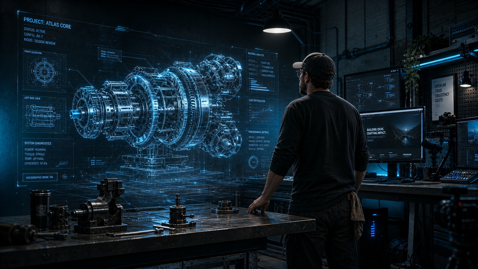 Engineer using AI to create a holographic 3D CAD machine model