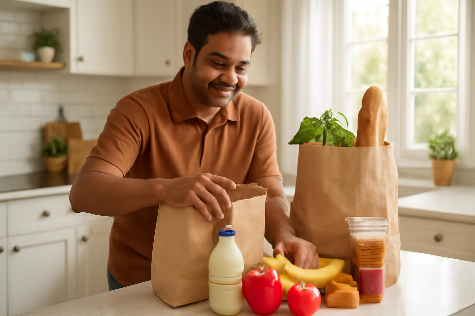 Realistic bright scene of an Indian man unpacking groceries at home.