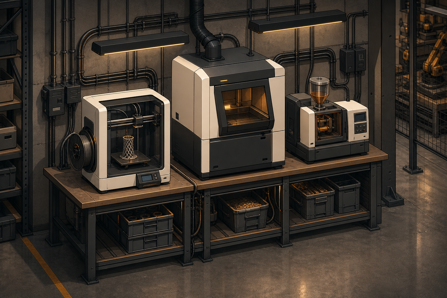 3D printer, SLS printer, and desktop injection molder in an industrial workspace