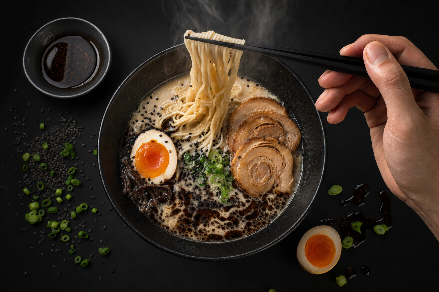Overhead editorial lifestyle shot of Kuro ramen with matte black chopsticks