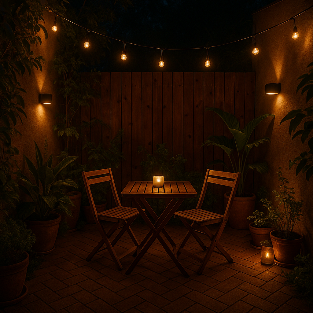 Patio pequeño iluminado con luces LED cálidas por la noche