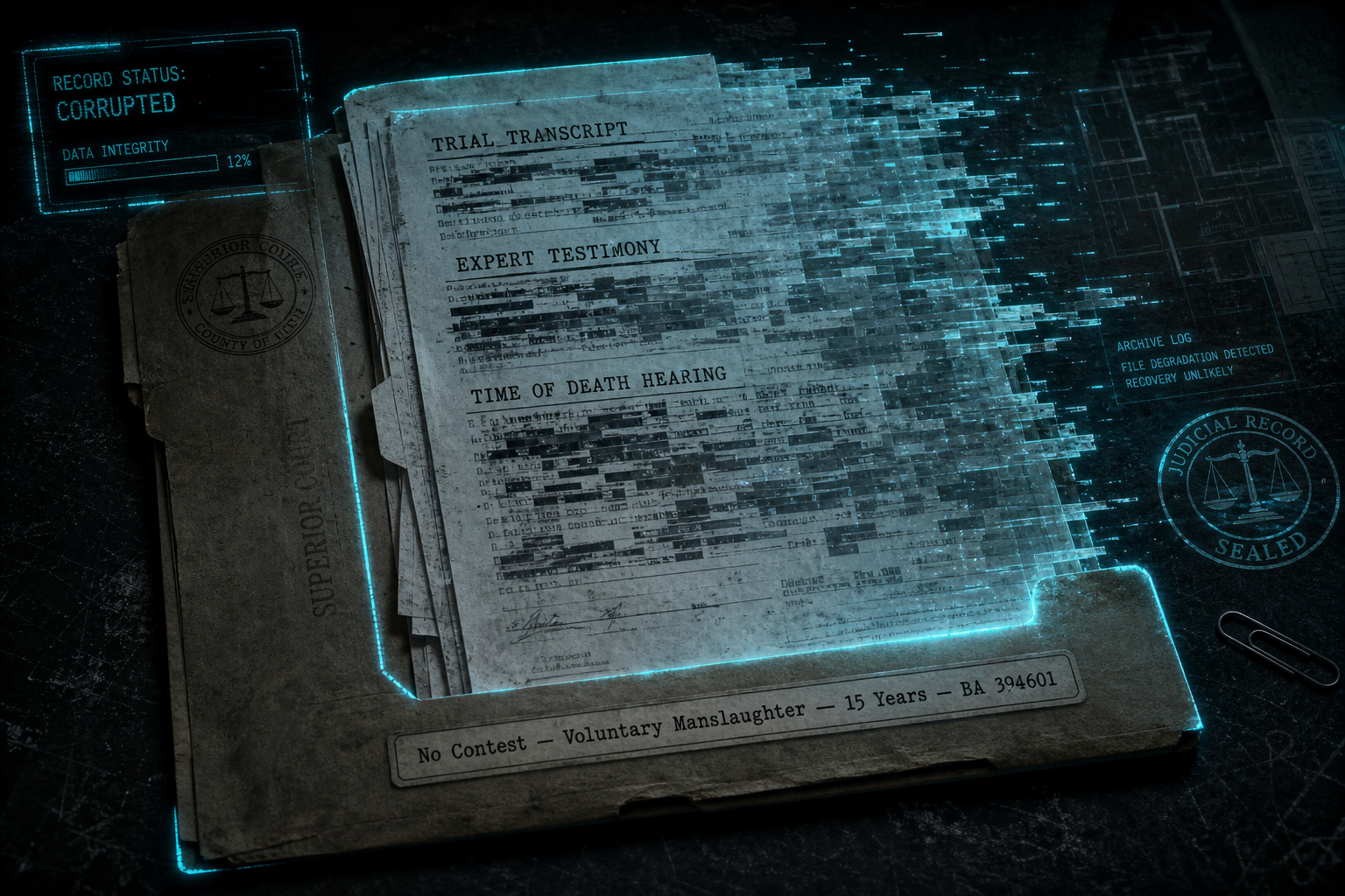 Dissolving case file — documents fading, trial transcript disappearing, final plea line remaining