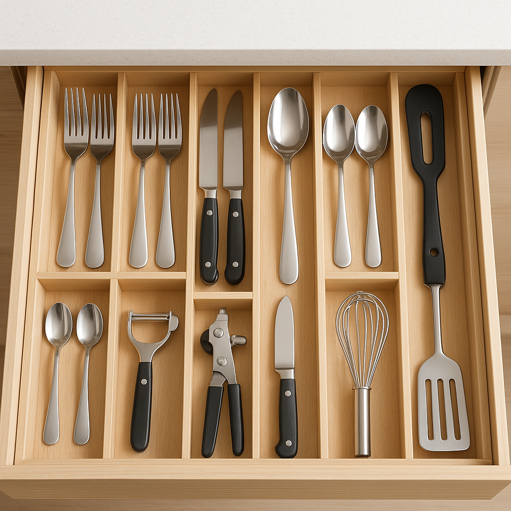 Organizadores de cajones con compartimentos y divisores para utensilios de cocina