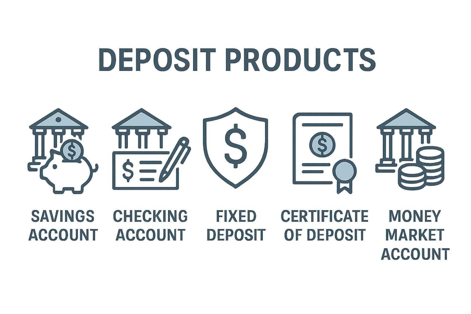 Illustration of various deposit products including savings, checking, fixed deposits, CDs, and money market accounts.