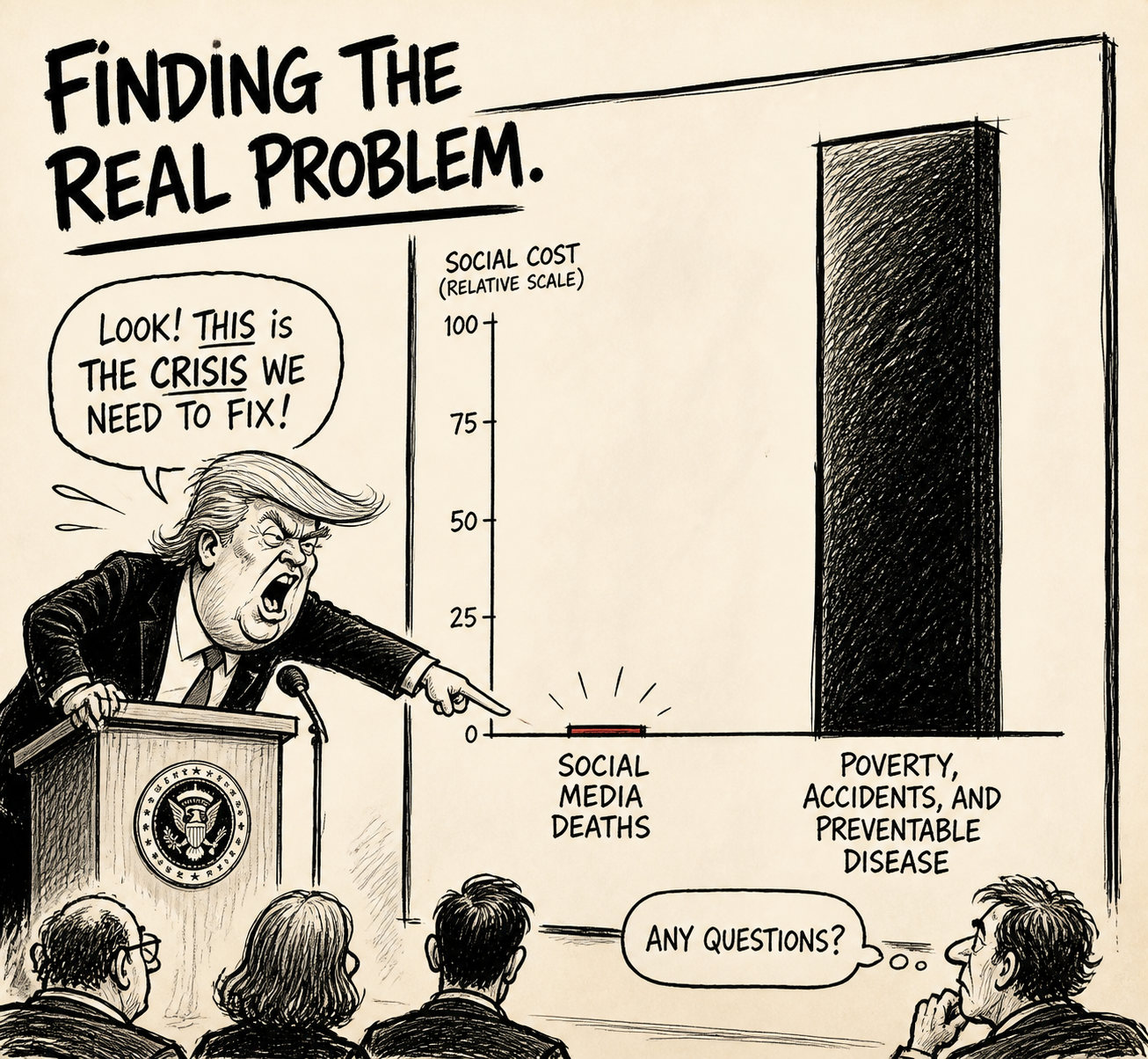 Editorial cartoon of politician pointing at tiny social media bar while ignoring towering poverty and accident bars