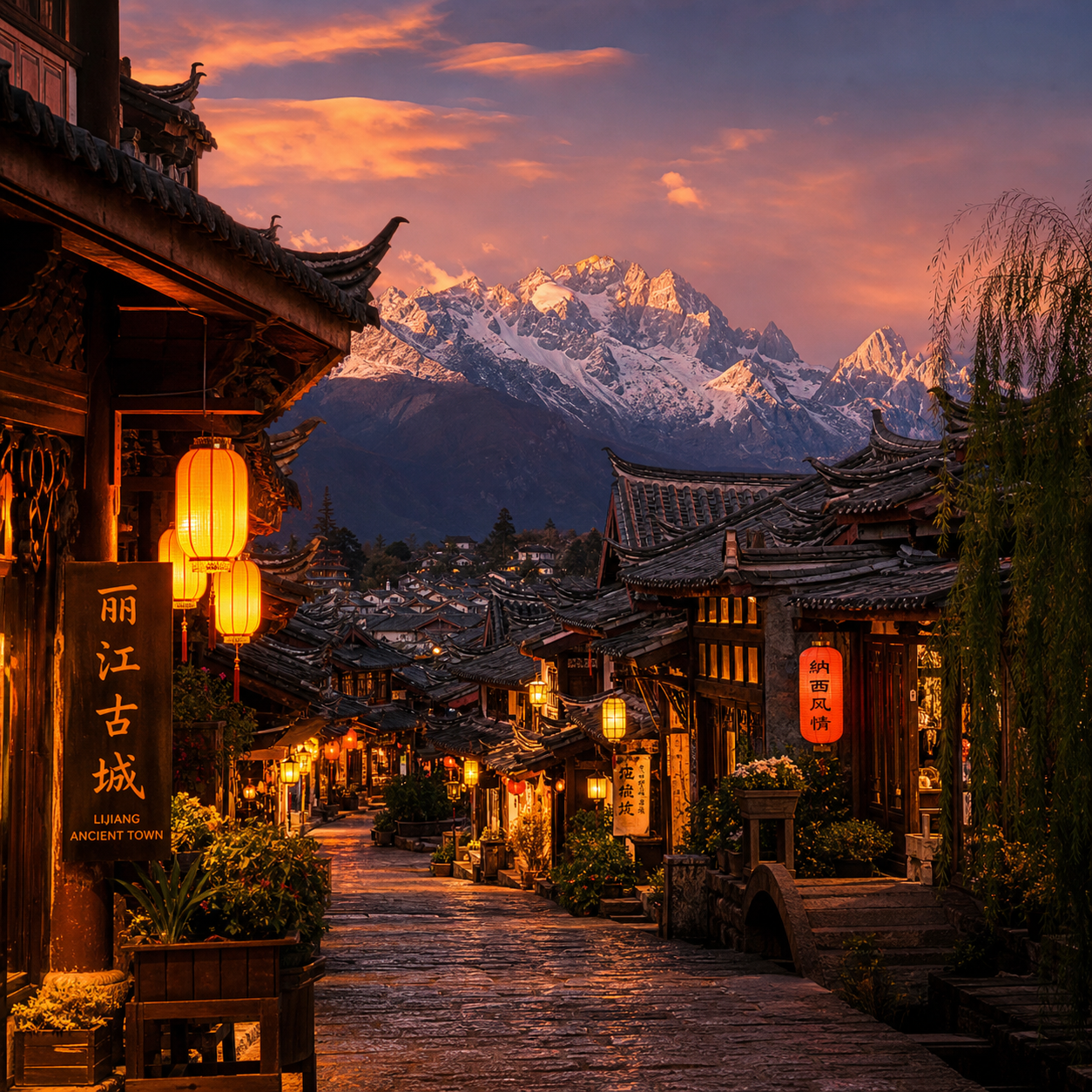 Lijiang antica con il Monte Jade Dragon innevato sullo sfondo