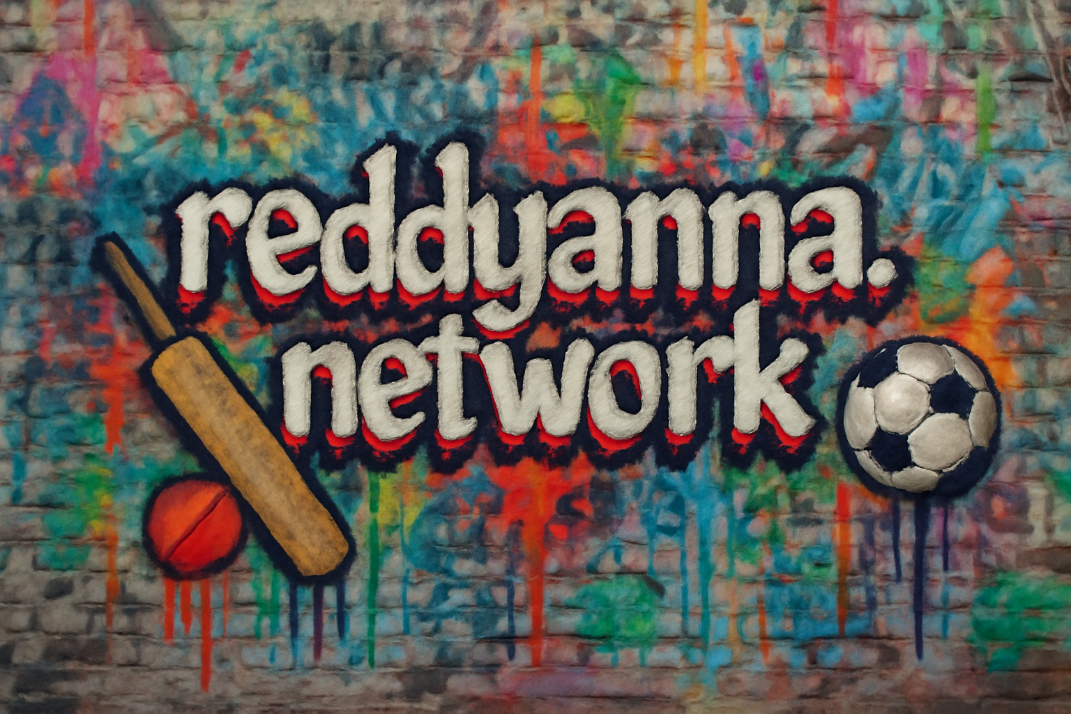 Bold graffiti wall style image with 'reddyanna.network' domain name and sports icons