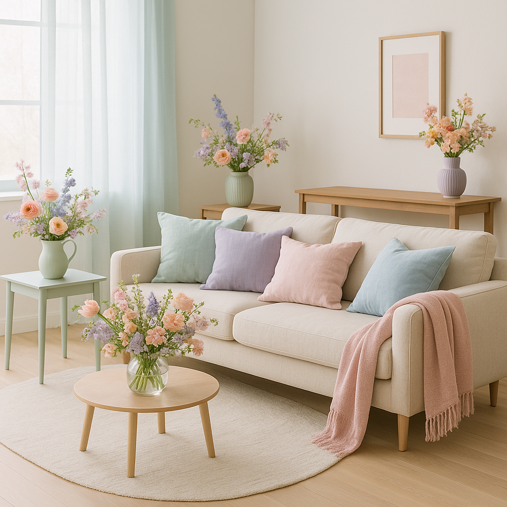 Decoraci\u00f3n de hogar primaveral con flores y textiles ligeros