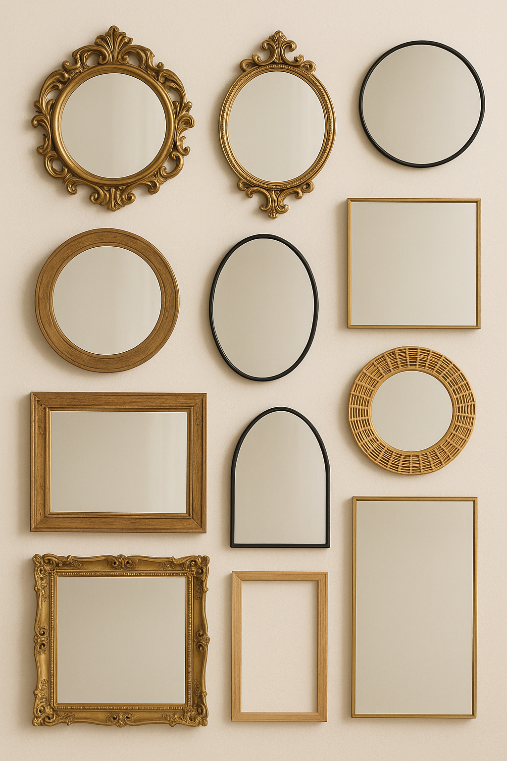 Espejos decorativos de diferentes formas en pared