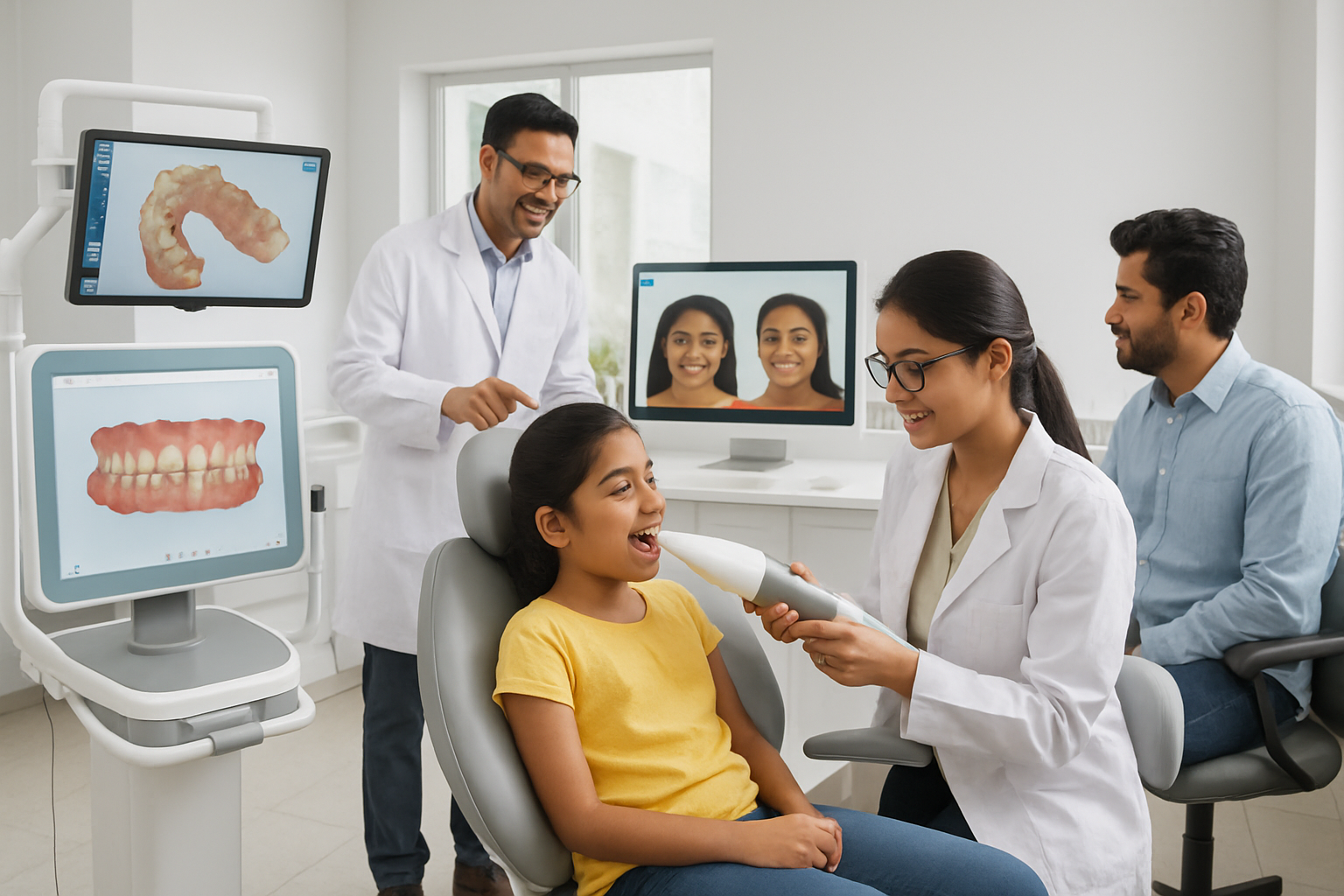 Illustration of an advanced Indian orthodontic clinic using AI and 3D technology for personalized braces treatment, with digital scanners and 3D printed aligners.